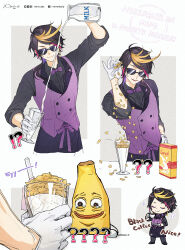 1boy 1other :3 ? ?? apron artist_name black_apron black_hair black_shirt blonde_hair bow bowtie cereal cereal_box chibi chibi_inset coffee collared_shirt cooking crying cup drinking_straw earrings english_text eyeshadow facebook_username gloves half_gloves highres holding holding_cup holding_plate instagram_username jewelry makeup male_focus medium_hair meme milk multicolored_hair musical_note naive_(day) nijisanji nijisanji_en open_mouth parfait_glass parody plate plurk_logo plurk_username pouring purple_bow purple_bowtie purple_hair purple_vest red_eyeshadow salt_bae_(meme) shirt shu_yamino signature sleeves_rolled_up smile sprinkling streaked_hair sunglasses tearing_up twitter_username vest virtual_youtuber waist_apron white_gloves