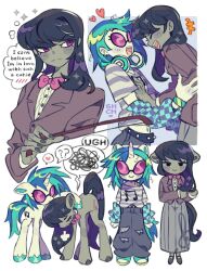 +++ 2girls :d ? ?? ^_^ animal animal_ears aqua_hair aqua_shoes aqua_tail arm_warmers baggy_pants black-framed_eyewear black_hair black_shoes black_tail blue_hair blue_tail bow bow_(music) bowtie brown_jacket center_frills checkered_clothes closed_eyes closed_mouth colored_skin commentary creature_and_personification cropped_torso cutie_mark dot_nose ear_piercing english_commentary english_text face-to-face facing_another fingernails frills frown full_body glasses grey_pants grey_skin grey_skirt hand_on_another&#039;s_arm hand_on_another&#039;s_chest headphones headphones_around_neck heart highres holding holding_bow_(music) hooves horse_ears horse_girl jacket lapels layered_sleeves long_hair long_skirt low_ponytail mary_janes medium_hair multicolored_hair multiple_girls multiple_views musical_note musical_note_print my_little_pony my_little_pony:_equestria_girls my_little_pony:_friendship_is_magic octavia_melody octavia_melody_(equestria_girls) open_mouth pants personification piercing pink-tinted_eyewear pink_bow pink_bowtie pink_eyes pleated_skirt pony_(animal) ponytail profile sharpycharot shoes short_hair short_sleeves sideways_glance simple_background skirt smile speech_bubble spoken_heart spoken_question_mark spoken_squiggle squiggle teeth thought_bubble tinted_eyewear tongue traditional_bowtie treble_clef two-tone_hair two-tone_tail unicorn unicorn_girl upper_teeth_only very_long_hair vinyl_scratch vinyl_scratch_(equestria_girls) white_background white_skin yuri