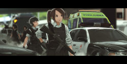 1girl 4girls absurdres assault_rifle black_gloves black_hair black_skirt blurry blurry_background brown_eyes brown_hair bulletproof_vest car carbine collared_shirt commentary depth_of_field english_commentary faiz_azhar ford_crown_victoria ford_crown_victoria_(2nd_generation) glasses gloves grey_shirt gun h&amp;k_hk33 highres holding holding_gun holding_weapon letterboxed motor_vehicle multiple_girls original outdoors parted_lips pleated_skirt police police_car ponytail rifle shirt short-barreled_rifle short_hair short_sleeves skirt solo_focus standing weapon wing_collar