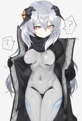 1girl ? absurdres black_coat black_scarf bodysuit breasts closed_mouth coat commentary_request covered_navel cowboy_shot eyeliner girls&#039;_frontline grey_bodysuit grey_hair hair_between_eyes hair_ornament headgear highres long_hair looking_at_viewer makeup medium_breasts nyto_(girls&#039;_frontline) open_clothes open_coat paradeus red_eyeliner scarf simple_background solo speech_bubble spoken_question_mark straight_hair tareus_(girls&#039;_frontline) white_background yellow_eyes zafuri_(yzrnegy)