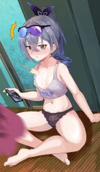 1girl ^^^ absurdres areola_slip barefoot black_panties blanket breasts commentary_request excella_(delltothu) feet food goggles goggles_on_head grey_hair grey_tank_top highres holding holding_phone honkai:_star_rail honkai_(series) indian_style indoors long_hair midriff mihoyo navel panties phone playing_games popsicle silver_wolf_(honkai:_star_rail) sitting small_breasts solo tank_top toes underwear zenless_zone_zero