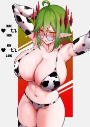 1girl absurdres ahoge animal_print arm_behind_head armpits arms_up bikini blush border breasts cleavage commentary cow_print cow_print_bikini cow_print_gloves cow_print_thighhighs cowboy_shot double-parted_bangs ear_piercing elbow_gloves english_commentary face_piercing fang glasses gloves green_hair hair_between_eyes heart highres huge_breasts killzdck like_and_retweet lip_piercing long_pointy_ears looking_at_viewer multicolored_hair navel orange_eyes orange_hair original outside_border parted_lips piercing pointy_ears print_bikini print_gloves print_thighhighs round_eyewear short_hair skin_fang solo standing streaked_hair sweat swimsuit teeth thighhighs white_border