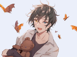 1boy black_hair black_shirt blue_eyes bug butterfly ensemble_stars! hair_between_eyes heterochromia holding holding_stuffed_toy insect jacket kagehira_mika long_sleeves looking_at_viewer male_focus open_clothes open_jacket open_mouth orange_butterfly shirt short_hair solo stuffed_animal stuffed_toy teddy_bear teeth upper_teeth_only white_jacket yellow_eyes yutsumoe