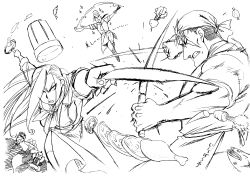 1girl 4boys alternate_costume arakawa_hiromu battle boned_meat buccaneer_(fma) carrot chef chicken_(food) cup cupping_glass drinking_glass dual_wielding eating fish food frying_pan fullmetal_alchemist greyscale hair_over_one_eye hat highres holding kitchen_knife knife low_ponytail meat miles monochrome multiple_boys official_art olivier_mira_armstrong one_eye_covered ponytail scar scar_(fma) scar_across_eye scar_on_face simple_background sketch sleeves_rolled_up solf_j._kimblee sparkle sword turnip unworn_hat unworn_headwear weapon whisk white_background wine_glass