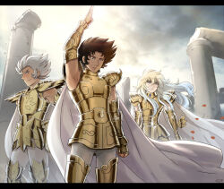 3boys arm_up armor black_hair blonde_hair blue_eyes blue_hair cancer_death_mask cape capricorn_shura cowboy_shot floating_hair glint gold_armor gold_cloth gold_saint grey_hair long_hair looking_at_viewer male_focus mizuhara_aki mole mole_under_eye multicolored_hair multiple_boys outdoors overcast pauldrons petals pisces_aphrodite profile red_eyes red_petals rose_petals saint_seiya serious short_hair shoulder_armor shoulder_spikes sky smile spiked_hair spiked_pauldrons spikes trap two-tone_hair white_cape