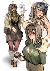 1girl 1other blush bra breasts coffee cup disposable_coffee_cup disposable_cup eye_mask glasses highres holding holding_cup leggings liquid_metal looking_at_viewer medium_hair original pleated_skirt scarf sfour_s4 shadow simple_background skirt sprout_on_head sweater underwear waving white_background
