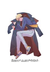 1boy black_hair black_jacket black_shirt blonde_hair blue_jacket closed_mouth clothes_grab english_text ese000_0 full_body grey_pants highres holding holding_tassel implied_yaoi jacket jewelry long_sleeves looking_at_viewer lying lying_on_clothes male_focus multicolored_hair multicolored_shoes on_side pants profile shiguang_dailiren shirt shoes short_hair simple_background sleeves_past_wrists sneakers solo two-sided_fabric unworn_jacket white_background white_shoes xia_fei yellow_eyes