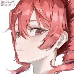 1girl blush closed_mouth dated drill_hair hair_between_eyes highres kasane_teto light_smile lips looking_at_viewer looking_to_the_side portrait red_eyes red_hair shirousa_2943 sideways_glance simple_background solo transparent_background twin_drills twitter_username utau