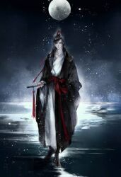 1boy black_boots black_hair black_hanfu boots chinese_clothes closed_mouth faux_traditional_media flute flute_tassel full_body full_moon glowing grey_eyes hair_ribbon hanfu high_ponytail holding holding_flute holding_instrument ink_wash_painting instrument kcllzas163 light_particles long_hair long_sleeves looking_at_viewer male_focus modao_zushi moon night night_sky outdoors ponytail red_ribbon red_sash ribbon robe sash sky solo standing star_(sky) tassel third-party_source water wei_wuxian wide_sleeves