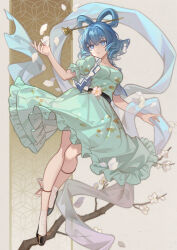 1girl arm_up black_shoes blue_dress blue_eyes blue_hair branch breasts commentary_request dress flower frilled_dress frills full_body hair_ornament hair_rings hair_stick highres kaku_seiga lazuri7 medium_breasts petals puffy_short_sleeves puffy_sleeves shoes short_sleeves socks solo touhou white_flower white_socks