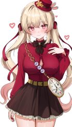 1girl absurdres belt blonde_hair braid breasts brown_skirt cleavage_cutout clock closed_mouth clothing_cutout commentary commission english_commentary hair_ribbon hat highres large_breasts long_hair long_sleeves looking_at_viewer mini_hat original red_hat red_ribbon red_shirt ribbon shirt simple_background skirt smile solo standing suisen_(suisenhwa) thighs twintails white_background yellow_belt