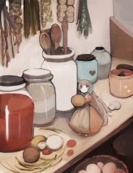 1girl absurdres apron basket berry bonnet egg female_focus food grey_hair highres jam jar kitchen long_hair looking_at_viewer mini_person minigirl mushroom original shirokujira solo spoon very_long_hair wooden_spoon