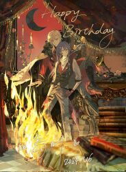 2boys arm_support belt black_belt black_cape black_moon black_shoes black_vest blonde_hair blurry book boots candle candlestand cape closed_mouth collared_shirt crescent_moon curtains dated depth_of_field earrings ensemble_stars! flower fur_collar gloves gold_necklace grey_pants hair_between_eyes hair_pulled_back hakaze_kaoru hand_on_own_hip hand_on_own_thigh happy_birthday heart highres holding holding_flower indoors jacket jewelry kanzaki_souma knee_boots light_particles long_hair looking_at_viewer medium_hair moon multiple_boys necklace official_alternate_costume pants phonograph pink_flower pink_rose ponytail purple_hair red_flower red_gloves red_jacket red_rose red_sky rose ru_kosin shirt shoes sidelocks sitting sky sleeves_rolled_up smile split_mouth standing table two-sided_cape two-sided_fabric very_long_hair vest white_cape white_shirt wolf_cut yellow_flower yellow_rose