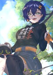 1girl bangboo_(zenless_zone_zero) belle_(zenless_zone_zero) belt black_shirt blue_hair blue_skirt blue_sky blush clothes_writing cloud eous_(zenless_zone_zero) fingerless_gloves gloves green_eyes looking_at_viewer number_hair_ornament open_mouth orange_belt orange_gloves shirt short_hair skirt sky smile solo tkm-kagepuro tree zenless_zone_zero