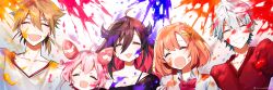 2boys 3girls :d ^_^ absurdres ahoge black_hair bow breasts brown_hair cleavage closed_eyes collarbone collared_shirt earrings fang flower fushimi_gaku grey_hair grey_shirt grin hair_between_eyes hair_flower hair_ornament highres honma_himawari horns jewelry kuzuha_(nijisanji) long_hair low_ponytail medium_breasts multiple_boys multiple_girls nijisanji ninahachi open_mouth orange_hair paint_splatter paint_splatter_on_face pink_hair pointy_ears ponytail red_bow red_hair red_shirt shirt smile sunflower sunflower_hair_ornament towel twitter_username ushimi_ichigo virtual_youtuber white_background white_shirt yamiyono_moruru yellow_flower