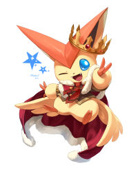 ;d absurdres blue_eyes cape commentary_request crown fangs fur-trimmed_cape fur_trim gen_5_pokemon happy highres hoishere7 legendary_pokemon looking_at_viewer mythical_pokemon nintendo no_humans one_eye_closed open_mouth pokemon pokemon_(creature) pokemon_focus red_cape smile star_(symbol) tongue victini white_background