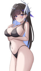 1girl absurdres alternate_costume arm_under_breasts bikini black_bikini black_hair blue_hair breasts colored_inner_hair commentary_request cowboy_shot earrings hair_ornament highres honkai:_star_rail honkai_(series) hysilens_(honkai:_star_rail) izumiillus jewelry large_breasts looking_at_viewer multicolored_hair navel paid_reward_available simple_background solo stomach swimsuit thighs two-tone_hair white_background