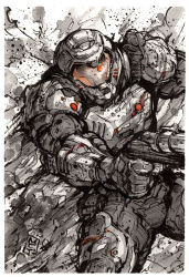 1boy armor commentary doom_(series) doom_eternal doomguy english_commentary gun handgun helmet holding holding_gun holding_weapon ink_(medium) looking_ahead male_focus mycks pistol science_fiction smoke solo spot_color traditional_media visor weapon