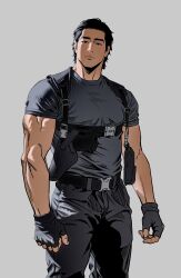 1boy belt belt_buckle black_belt black_eyes black_gloves black_hair black_pants buckle chest_harness chngtj closed_mouth commentary crew_neck fingerless_gloves frown gloves grey_background grey_shirt gun hair_slicked_back handgun harness highres holster male_focus original pants pouch shirt shirt_tucked_in short_sleeves sideburns simple_background snap-fit_buckle solo t-shirt weapon