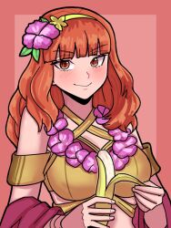 Rule 34 | 1girl, banana, banana peel, bikini, breasts, brown bikini, celica (fire emblem), celica (summer) (fire emblem), cleavage, criss-cross halter, fire emblem, fire emblem echoes: shadows of valentia, fire emblem heroes, flower, flower necklace, food, fruit, hair flower, hair ornament, halterneck, highres, holding, holding food, holding fruit, jewelry, large breasts, lei, light smile, long hair, looking at viewer, mnejing30, necklace, nintendo, official alternate costume, orange eyes, orange hair, red eyes, red hair, red sash, sash, solo, swimsuit