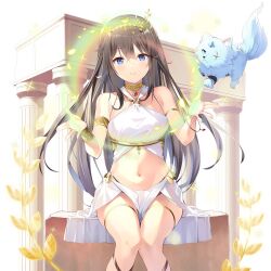 Rule 34 | 1girl, bare legs, black hair, blue eyes, breasts, emma beauty, medium breasts, navel, nekomu, sitting, sitting on object, temple, uchi no hime-sama ga ichiban kawaii, wolf