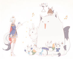 1girl :3 absurdres animal_ear_fluff animal_ears arms_up ascot bamboo_shoot blue_ascot blue_dress bow bowtie cape chamomile_(kazumasa) closed_eyes clothing_cutout commentary_request conductor_baton crown dress drum drumsticks epaulettes facing_another flying fox_ears fox_tail from_side fubuchun fubuzilla_(shirakami_fubuki) full_body fur-trimmed_cape fur_trim gloves gold_trim hair_bun hair_ornament hairpin happy high_heels highres holding holding_drumsticks holding_instrument holding_maracas hololive instrument looking_at_another maracas miteiru_(shirakami_fubuki) musical_note neck_ribbon nejima_kitsune_(shirakami_fubuki) oruyanke_(shirakami_fubuki) red_cape ribbon shirakami_fubuki shirakami_fubuki_(fbkingdom) sidelocks simple_background standing sukonbu_(shirakami_fubuki) tail tail_through_clothes thighhighs triangle_(instrument) virtual_youtuber white_background white_hair