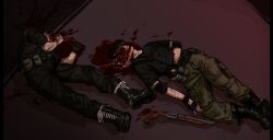2boys arm_hair black_gloves black_hair black_shirt blood boots brain broken_skull combat_boots death elbow_pads exploded_head exposed_bone exposed_brain fingerless_gloves full_body gloves gun guro hand_on_own_stomach headless highres lying multiple_boys nekromaxxing on_back on_ground original pool_of_blood shirt short_hair shotgun suicide teeth weapon