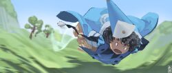 1girl agott_(tongari_boushi_no_atelier) black_hair blank_eyes commentary flying hat highres jolseon magic motion_blur open_mouth qifrey&#039;s_atelier_apprentice_uniform scared short_hair solo tassel tongari_boushi_no_atelier wind witch_hat