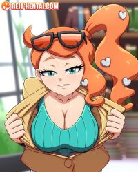 1girl artist_name blurry blurry_background book bookshelf breasts cleavage clothes_pull collarbone commentary english_commentary eyewear_on_head green_eyes green_shirt hair_ornament heart heart_hair_ornament high_side_ponytail highres jacket jacket_pull large_breasts leaning_forward long_hair looking_at_viewer nintendo orange_hair parted_lips pokemon pokemon_swsh reit shirt solo sonia_(pokemon) sunglasses watermark web_address window yellow_jacket