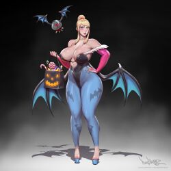 1girl animal_print areola_slip bag bat_print bat_wings blonde_hair blue_eyes blush breasts bridal_gauntlets candy candy_cane candy_corn capcom cleavage clothing_cutout cosplay crossover curvy darkstalkers demon_girl feet food fur-trimmed_leotard fur_trim glowing halloween halloween_costume heart_cutout high_heels large_breasts latex leotard lollipop long_hair low_wings metroid metroid_(creature) monster monster_girl morrigan_aensland morrigan_aensland_(cosplay) nintendo off-shoulder_leotard pantyhose patreon_username pinkdrawz platform_heels plump ponytail print_pantyhose red_lips revealing_clothes sagging_breasts samus_aran see-through_clothes see-through_footwear shadow sidelocks solo thick_thighs thighs watermark web_address wide_hips wings