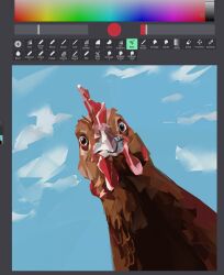 1other animal art_program_in_frame bird black_eyes blue_sky chicken cloud cloudy_sky from_below highres junbuug looking_at_viewer original painterly sky solo upper_body viewer_self-insert