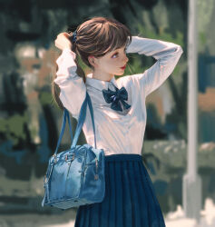 1girl arms_up bag black_hair blue_bow blue_bowtie blue_skirt blurry blurry_background bow bowtie brown_eyes brown_hair collared_shirt commentary_request dress_shirt highres long_hair original pleated_skirt realistic red_lips rui_li school_bag school_uniform serafuku shirt shirt_tucked_in skirt solo tying_hair white_shirt