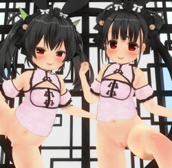 2girls 3d animated animated_gif bell black_hair blush bottomless bow breasts chinese_clothes cleft_of_venus custom_maid_3d custom_maid_3d_2 double_bun eguze_(sho1013) female_focus hair_bell hair_bow hair_bun hair_ornament loli long_hair looking_at_viewer maid_headdress multiple_girls navel pink_shirt pussy red_eyes shirt short_sleeves siblings sisters small_breasts smile standing tongue tongue_out twins twintails