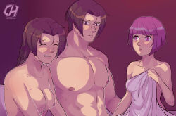 1boy 2girls aftersex asamiya_athena bed braid braided_ponytail breasts brown_hair charlyarts group_sex highres kusanagi_kyou large_breasts long_hair medium_breasts medium_hair multiple_girls pale_skin psycho_soldier purple_eyes purple_hair ryuuko_no_ken short_hair snk the_king_of_fighters threesome yuri_sakazaki