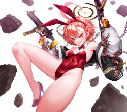 1girl ahoge animal_ears black_halo blue_archive bow bowtie braid breasts chinese_commentary commentary_request covered_navel detached_collar dtcy fake_animal_ears gun halo highleg highleg_leotard highres huge_ahoge jacket leotard mole mole_under_each_eye mole_under_eye multiple_moles neru_(blue_archive) neru_(bunny)_(blue_archive) official_alternate_costume orange_hair parted_lips playboy_bunny print_jacket rabbit_ears red_bow red_bowtie red_eyes red_footwear red_leotard rock short_hair sig_mpx simple_background single_braid small_breasts smile solo strapless strapless_leotard submachine_gun sukajan tag weapon white_background