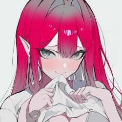 1girl baobhan_sith_(fate) blush fate/grand_order fate_(series) food grey_eyes highres long_hair red_hair sharp_teeth shirt steamed_bun teeth upper_body uriuriyukitti white_shirt