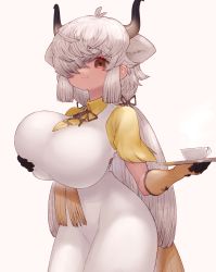 1girl :3 absurdres animal_ears breast_lift breasts brown_hair cup dress extra_ears gloves hair_over_one_eye highres horns huge_breasts kemono_friends light_smile long_hair looking_at_viewer notora ox_ears ox_horns short_sleeves simple_background solo tray white_background white_dress white_hair yak_(kemono_friends)