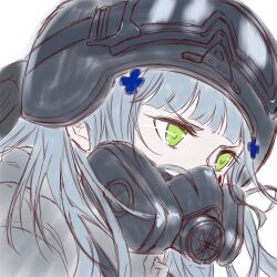 Rule 34 | 1girl, blue hair, camouflage, close-up, dishy galaxr, gas mask, girls&#039; frontline, gloves, goggles, goggles on headwear, green eyes, hair ornament, helmet, highres, hk416 (fang) (girls&#039; frontline), hk416 (girls&#039; frontline), long hair, mask, mouth mask, portrait, respirator, simple background, snow camouflage, solo, tom clancy&#039;s the division, v-shaped eyebrows, white background