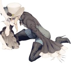 1boy 1girl akagi_towa akutsumi barefoot bell_sleeves black_flower black_rose blonde_hair closed_eyes fingernails fishnet_legwear fishnets flower go!_princess_precure hat hetero high_heels kiss kissing_foot legs lock long_fingernails long_hair male_focus nail_polish out_of_frame padlock plantar_flexion precure red_nails rose sharp_fingernails shut_(go!_princess_precure) simple_background sitting solo_focus sweatdrop top_hat twilight_(go!_princess_precure) wariza white_background wide_sleeves