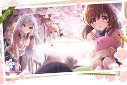 Rule 34 | 3girls, air (visual novel), angel beats!, artist request, bad source, blazer, blonde hair, blue eyes, brown eyes, brown hair, cherry blossoms, clannad, dango, dango daikazoku, food, furukawa nagisa, hair ribbon, highres, hikarizaka private high school uniform, jacket, kamio misuzu, key, key (company), long hair, multiple girls, ponytail, promotional art, ribbon, school uniform, second-party source, short hair, skirt, tenshi (angel beats!), very long hair, wagashi, white hair, yellow eyes