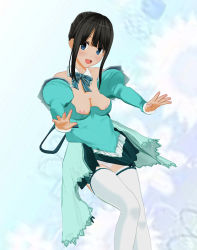 1girl 3d areola_slip black_hair blue_bow blue_bowtie blue_eyes blush bow bowtie breasts classmate_daisuki cleavage collarbone cosplay detached_collar dress green_dress hasegawa_akemi hasegawa_akemi_(cosplay) highres long_sleeves looking_at_viewer medium_breasts nipple_slip nipples no_bra open_mouth panties pantyshot pia_carrot_(series) pia_carrot_e_youkoso!! pia_carrot_e_youkoso!!_3 puffy_sleeves reaching reaching_towards_viewer short_hair sidelocks smile solo standing teeth thighhighs underwear white_panties white_thighhighs