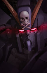 artist_request crossbone_gundam crossbone_gundam_x-2 crossbone_vanguard glowing glowing_eyes gundam jolly_roger machinery mecha mecha_focus mobile_suit motion_blur no_humans portrait realistic red_eyes robot science_fiction upper_body v-fin