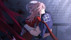 2boys animal_ear_fluff animal_ears arm_around_waist bandaged_arm bandages black_gloves brick_wall cape closed_eyes commentary couple ears_back gloves grey_hair hair_between_eyes head_on_another&#039;s_shoulder head_rest highres honkai:_star_rail honkai_(series) hood hood_down hug injury jiaoqiu_(honkai:_star_rail) light_particles light_rays looking_ahead male_focus moonya moze_(honkai:_star_rail) multiple_boys pink_eyes profile purple_robe red_cape robe scar scar_on_arm scratches sunbeam sunlight torn_cape torn_clothes upper_body wide_sleeves yaoi