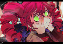 1girl black_sleeve_cuffs chase_(synthesizer_v) drill_hair fingernails green_eyes grey_jacket hair_between_eyes hair_ribbon hands_on_own_face highres jacket kasane_teto kasane_teto_(sv) parted_lips portrait red_hair red_trim ribbon sato_(r017xts117) shoulder_boards sleeve_cuffs solo sweat synthesizer_v twin_drills utau white_ribbon