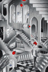 2boys absurdres ahoge aotsuki_eito black_hair blood blood_on_ground blue_eyes caution_tape checkered_floor cherry_tomato crack cracked_wall curled_up drawstring giant_hand glasses gloves goat greyscale hand_on_own_face highres holding hood hoodie horizontal_pupils impossible_architecture jacket ladder looking_ahead looking_at_another m_c_escher male_focus monochrome multicolored_hair multiple_boys optical_illusion pants rabbit red_hair short_hair size_difference space spot_color star_(sky) streaked_hair sumino_takumi the_hundred_line_-last_defense_academy- tomato upside-down xinjinjumin839286500137