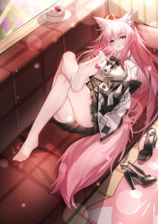 1girl absurdres animal_ears barefoot cale cherry couch crossed_legs feet food fruit highres long_hair looking_at_viewer open_mouth pink_hair shoes soles toes unworn_shoes whipped_cream yellow_eyes ymyz