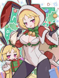 1girl :3 :d animal_ear_hairband animal_ears bell black_gloves black_pantyhose blush bow bowtie box breasts bright_pupils capelet cleavage coat commentary covered_navel cowboy_shot disgaea fake_animal_ears fang fur-trimmed_capelet fur-trimmed_sleeves fur_trim gift gift_box gloves green_background green_bow green_bowtie hairband hand_up hands_up highres hood hood_up leotard long_sleeves looking_at_viewer medium_breasts multiple_views neck_bell open_mouth outline pantyhose pink_eyes pink_hair rabbit_ear_hairband rabbit_ears red_capelet short_hair skin_fang smile strapless strapless_leotard suaman thick_eyebrows usalia_(disgaea) v white_leotard white_outline yellow_coat