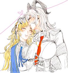 Rule 34 | 2girls, black gloves, blonde hair, blush, closed eyes, clothes grab, collared shirt, commentary request, gloves, heart, heart of string, highres, holding own arm, horns, kiss, kissing forehead, long hair, multiple girls, necktie, necktie grab, neckwear grab, parted lips, phoebe (wuthering waves), red necktie, shirt, simple background, smile, white background, white hair, white shirt, wuthering waves, yuri, yurikure4, zani (wuthering waves)