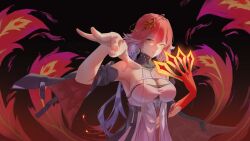 1girl armpits asymmetrical_gloves bare_shoulders breasts changli_(wuthering_waves) cleavage closed_mouth dress fire gloves hair_between_eyes hair_ornament highres kuaizhouyuren large_breasts long_hair looking_at_viewer red_gloves red_hair single_glove smile solo white_dress wuthering_waves yellow_eyes