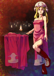 1girl blonde_hair boots brown_eyes candle covered_erect_nipples dress female_focus final_fantasy final_fantasy_tactics full_body gaikotsuton gradient_background hat long_hair orator_(fft) robe solo
